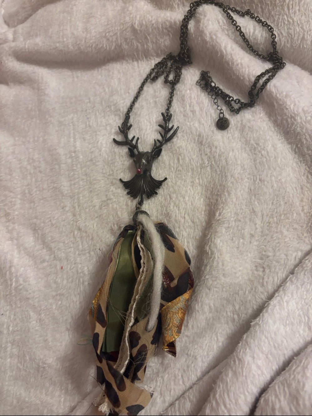 Plunder Gunmetal Deer Necklace with Olive Green and Brown Tassels